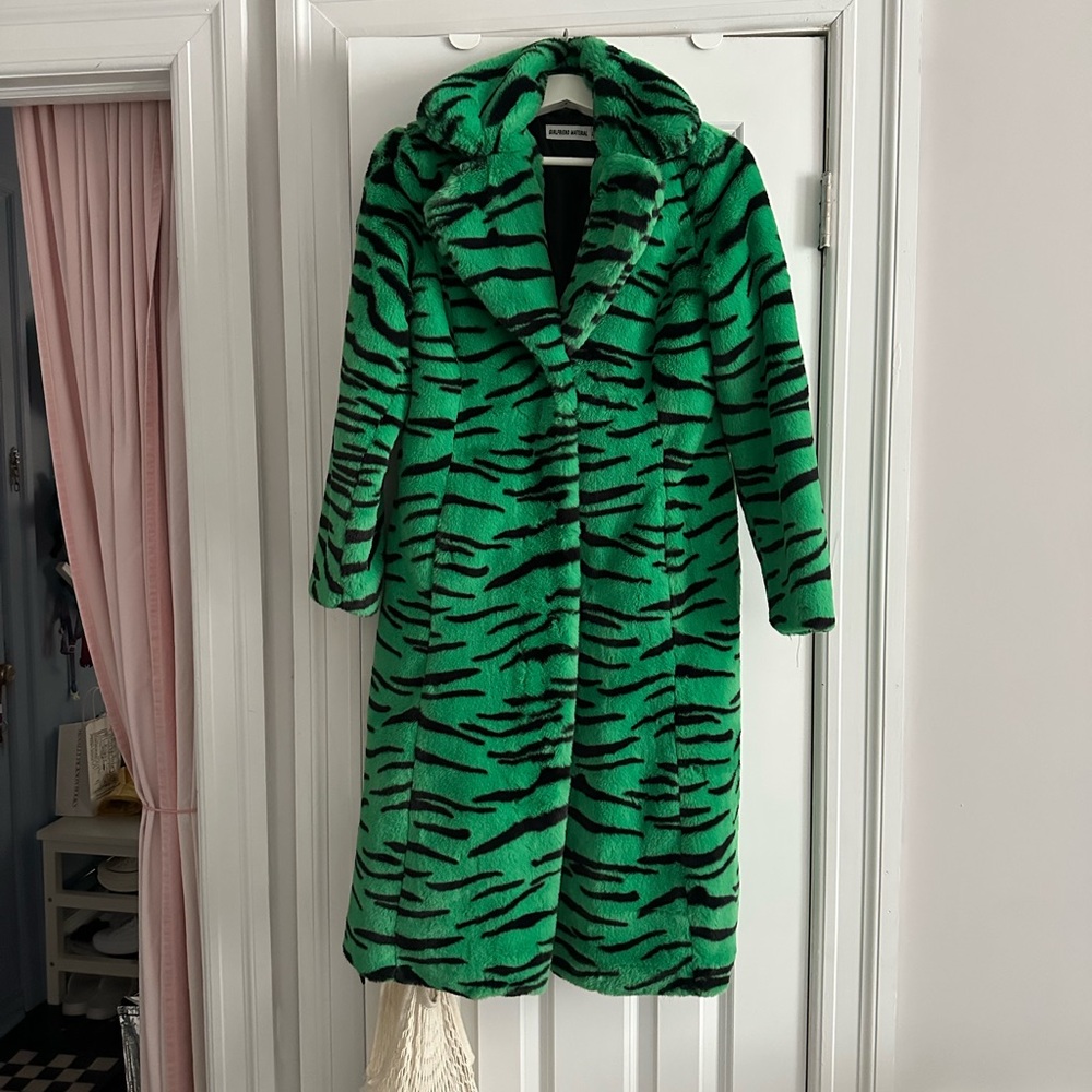 girlfriend collective Green and Black Tiger-Stripe Teddy Coat